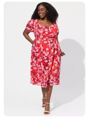Torrid Midi Cotton Clip Dot Shady Rose Floral Lace-Up Smocked Dress sz 00